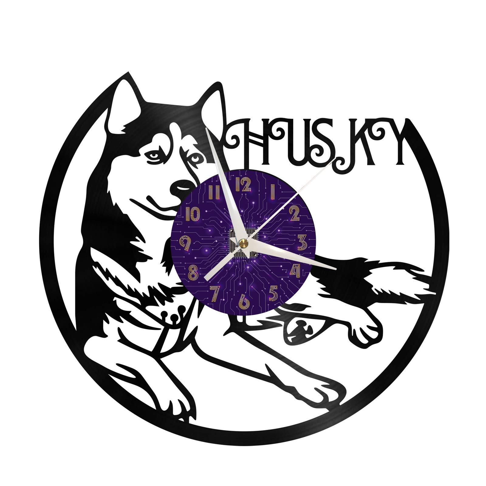 Horloge Murale Vinyle Husky Décoration Salon 12 Pouces