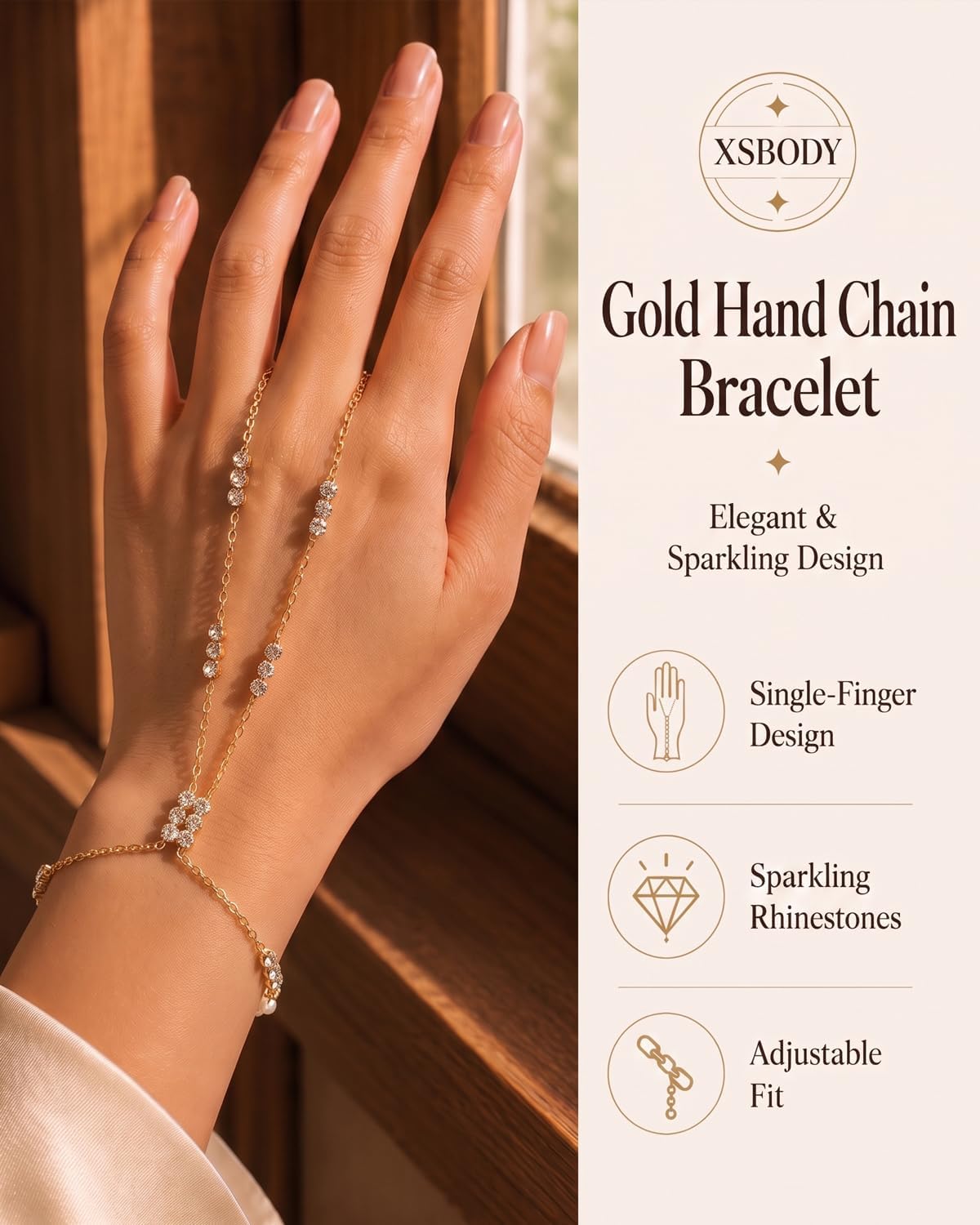 Ring Bracelet Hand Chain for Women, Dainty Single‑Finger Hand Chain Bracelet,Sparkling Rhinestone Stackable Body Jewelry,Hypoallergenic Adjustable Hand Accessory for Daily Beach Party Trendy Gifts 14K Gold & Silver Plated image 3