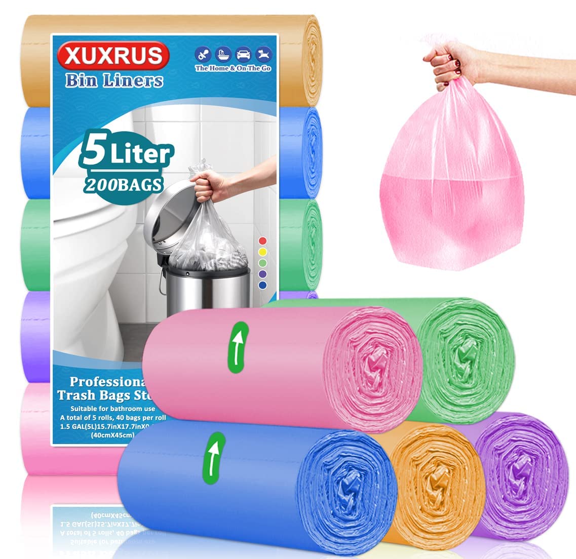 XUXRUS 200 Pezzi Sacchetti Spazzatura Piccoli, Sacchi Immondizia 5 Litri 38x43cm, Anti-Perdite, Senza Odore, Ultraresistenti per Cucina, Soggiorno, Ufficio (Colorato)