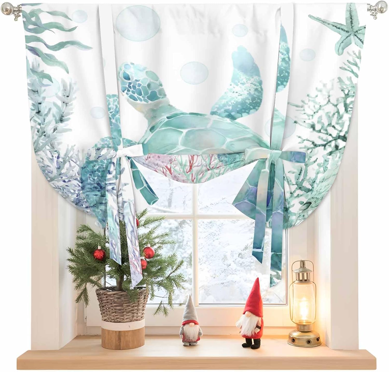 Teal Sea Turtle Tie Up Curtains for Windows 63 Inch Length Balloon Curtains Kitchen Adjustable Balloon Window Shade Summer Coastal Coral Ocean Tie Up Valance Bathroom Curtain Window 52"x63"