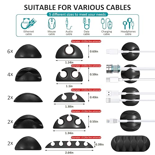 Miniatura 6 de Paquete de 16 cables de escritorio negros, organizador de cables ajustables, organizador de cables para cables, cargador de teléfonoPCTV, soporte de
