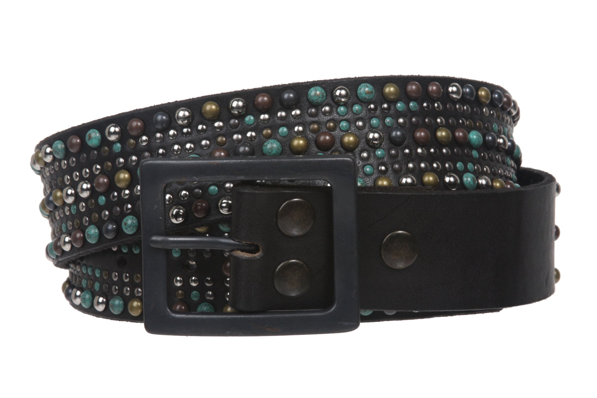 Snap On Tiny Multiple Turquoise Rivet Circle Studded Leather Jean Belt, Black | 38