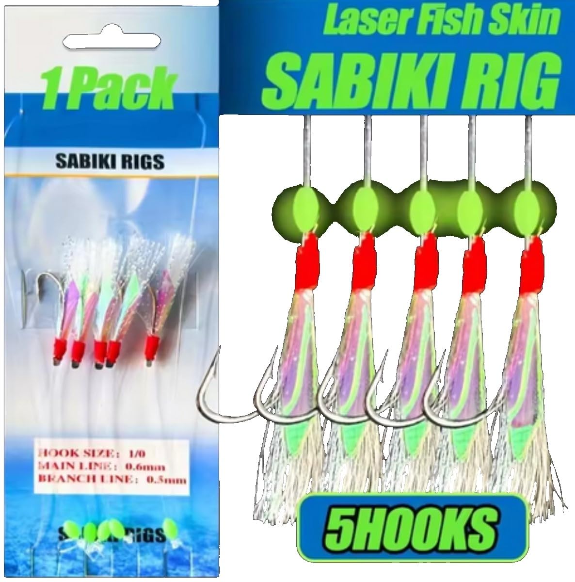 Ametralladora TSURI Sabiki con pluma brillante 5 cm – Señuelo de pesca en el mar para caballas, bares, lugares y órfias Tamaño anzuelos: 1/0
