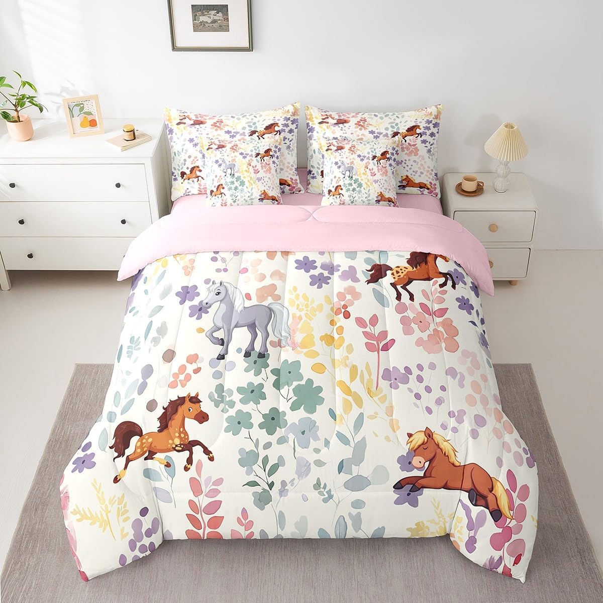 Erosebridal 7Pcs Flower Horse Twin Bedding Set with Sheets,Farmhouse Animal Bed Set for Kids Girls Boys,Watercolor Wildflower Bed Comforter Set with Fitted Sheet,Flat Sheet,Pillowcases - Image 3