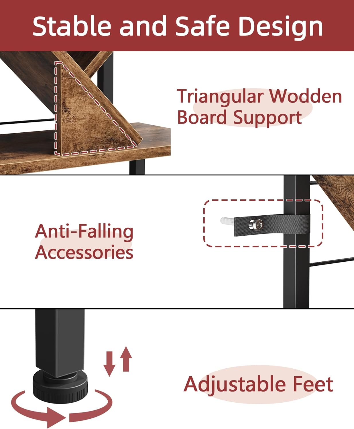 6 Tier Tree Bookshelf with Clock and Fabric Drawer, Small Narrow Bookcase, Tall Floor Standing Book Shelf for Bedroom, Living Room, Home Office, Rustic Brown