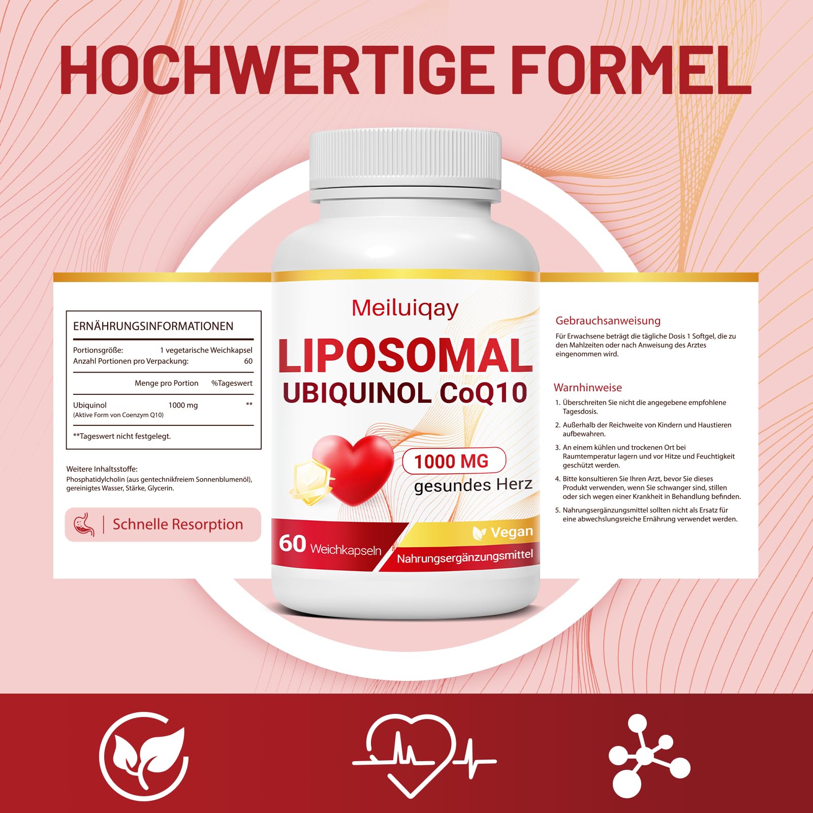 Liposomales CoQ10 Ubiquinol 1000 mg– Aktive Form, Hochdosierte Coenzym Q10 Kapseln– Ohne Gentechnik, Soja & Gluten, Vegan, Leicht zu Schlucken, 60 Weichkapseln