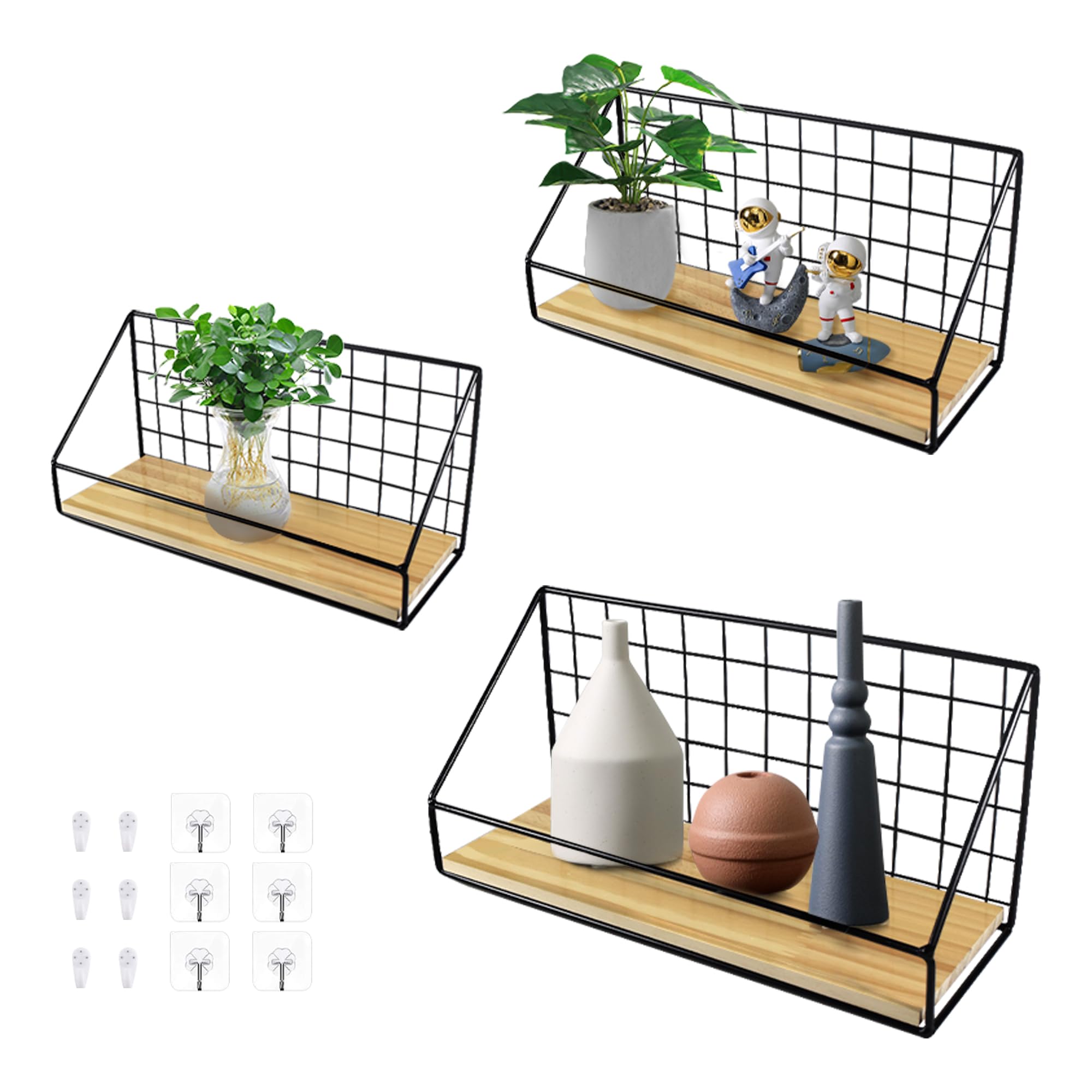 Rustic Floating Shelves Set of 3, Metal Wire Shelves for Wall, Wooden No Drilling Floating Shelves Wall Mounted for Bedroom Kitchen Bathroom