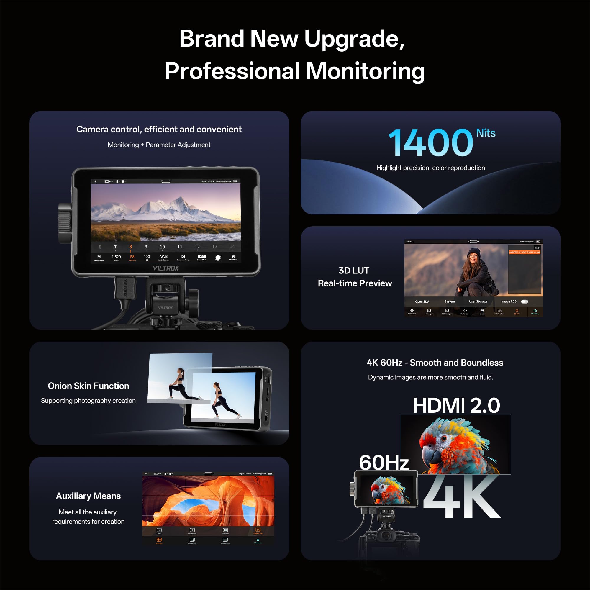 VILTROX DC-550 Pro II 5.5" 1400 nits Monitor polowy do kamery, dotykowy monitor wideo 4K @ 60 Hz HDMI 2.0 ze skórą cebuli, sterowanie kamerą USB/Wi-Fi, 3D LUT, żyroskop, De-Squeeze , kształt fali