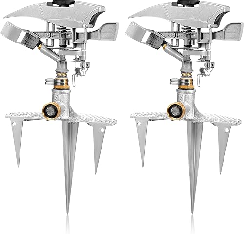 Paquete de 2 aspersores de gran impacto para patio, rociadores de césped resistentes con cabeza de metal en base de estaca, rociador de agua
