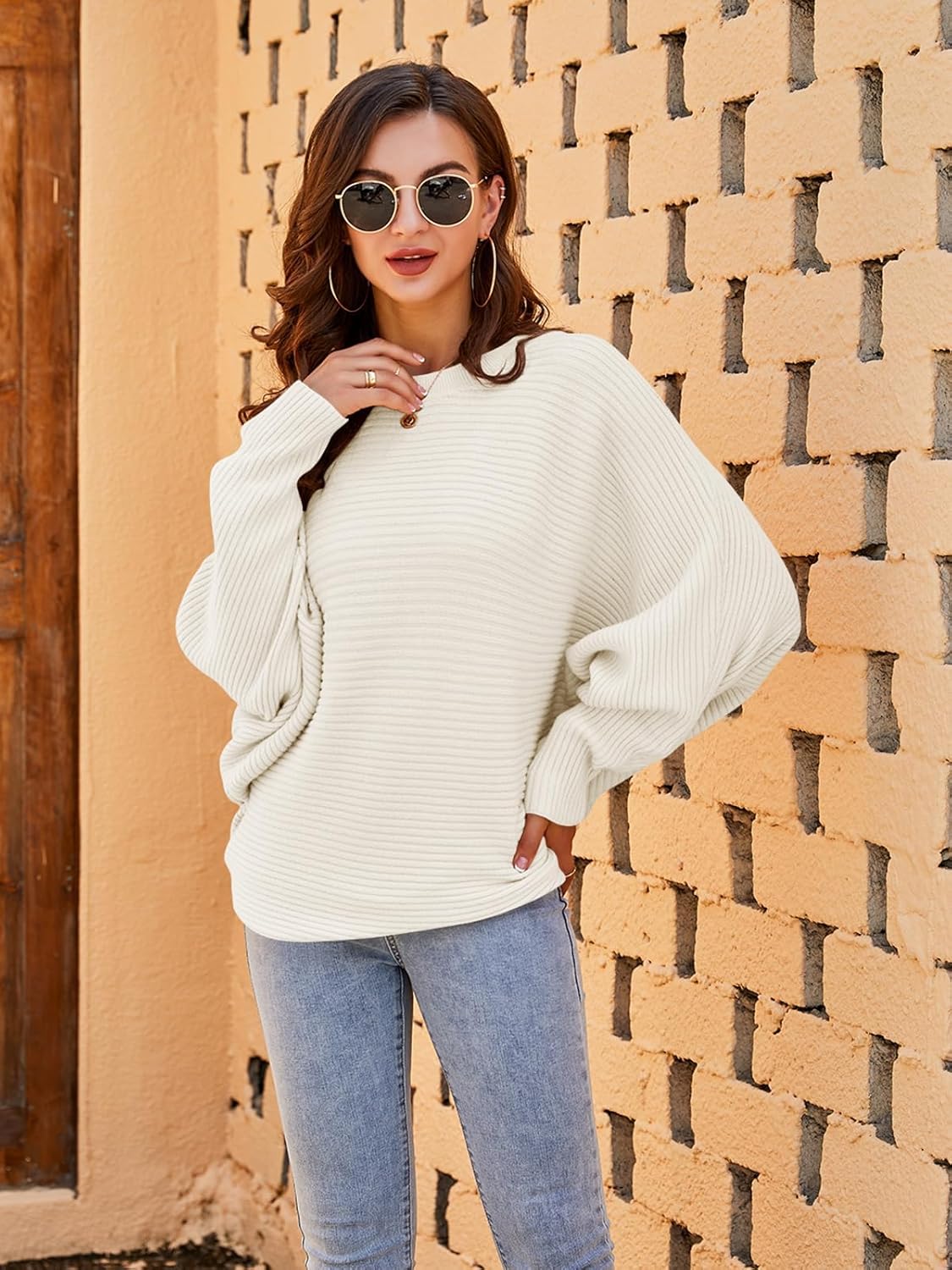 Fessceruna Damestrui, oversized, vleermuismouwen, gebreide trui, winter, ronde hals, pullover, geribbeld sweatshirt, groen, M