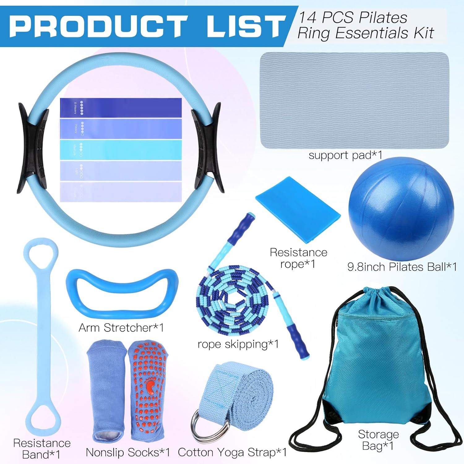 15 Pcs Home Pilates Essentials Kit for Women,Pilates Kit with 9 Inch Yoga Ball,Pilates Ring,Resistance Bands,Jump Rope,Workout Sets for Women,Pilates Equipment Set for Starter Toning Workout at Home - Image 2