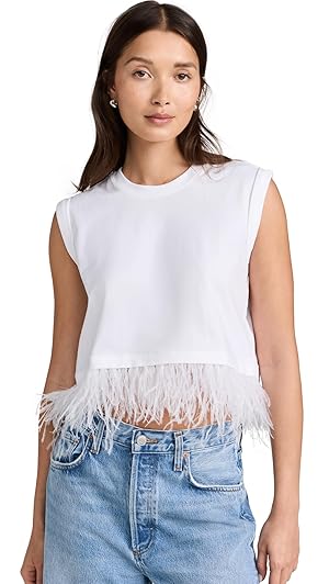 Cinq à Sept Women's Cropped Feather Tee, White, L at Amazon