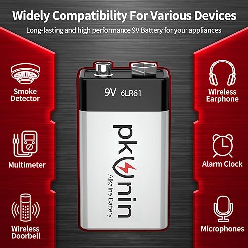 Miniatura 7 de Batería alcalina de 9 V 6LR61 de 9 voltios, paquete de 8 baterías de 9 V para detector de humo con diseño a prueba de fugas, vida útil de 10 años