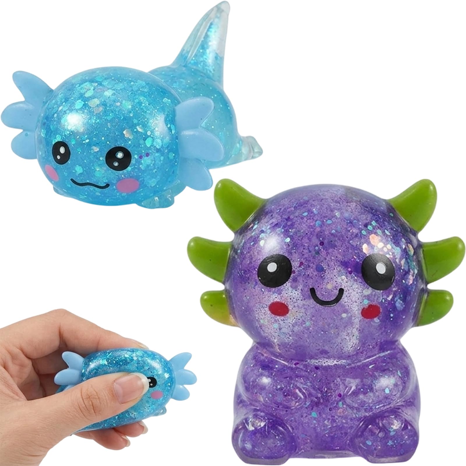 PRVCFZ 2 PCS Axolotl Squishy Fuzzball, Sensory Fidget Tools for Focus Enhancement, Stress Relief Companion for Office and Travel, Purple Seated and Green Lying Dream Drop Fuzz Ball