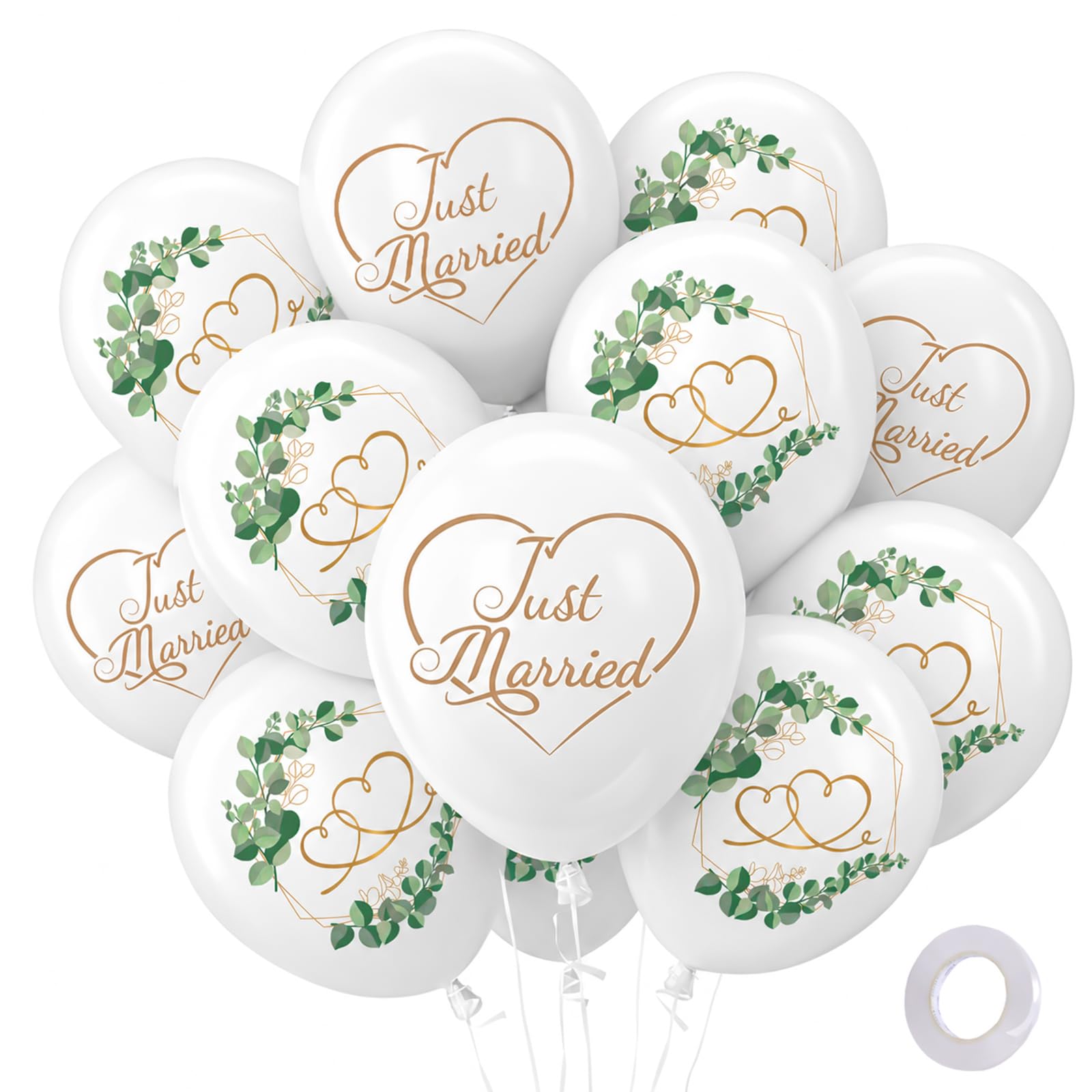 40 Stück Luftballons Hochzeit Weiß, 12 Zoll Eukalyptus & Just Married Deko Ballons mit Herzen, Hochzeitsballons für Hochzeitsdeko Heiratsantrag Verlobung Jahrestag