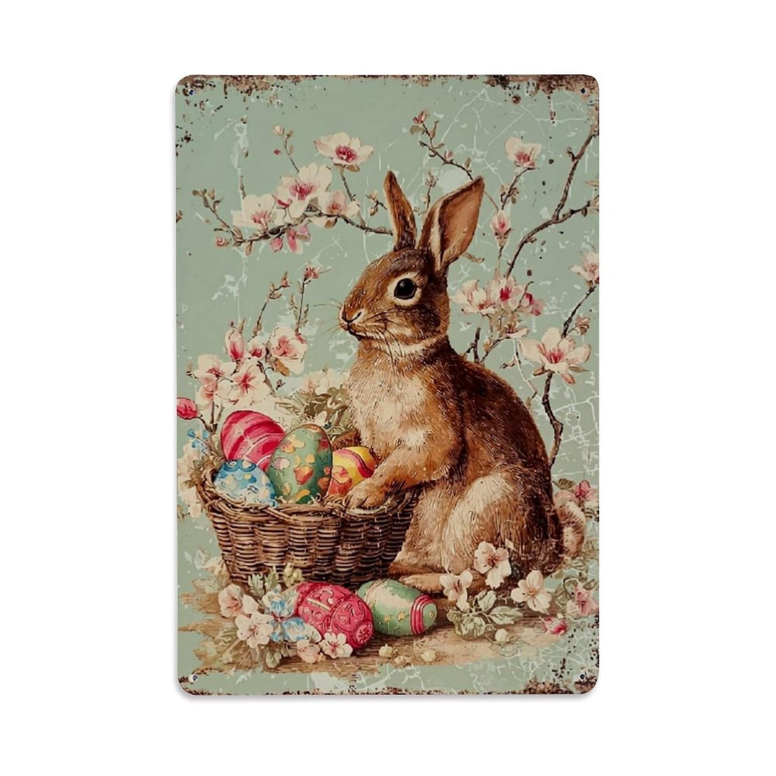 Jdfenggu Vintage Easter Bunny Basket Flowers Eggs Retro Metal Tin Sign, Decor Art Poster For Bar, Home, Man Cave, Kitchen, Laundry Room Gift 8X12inch