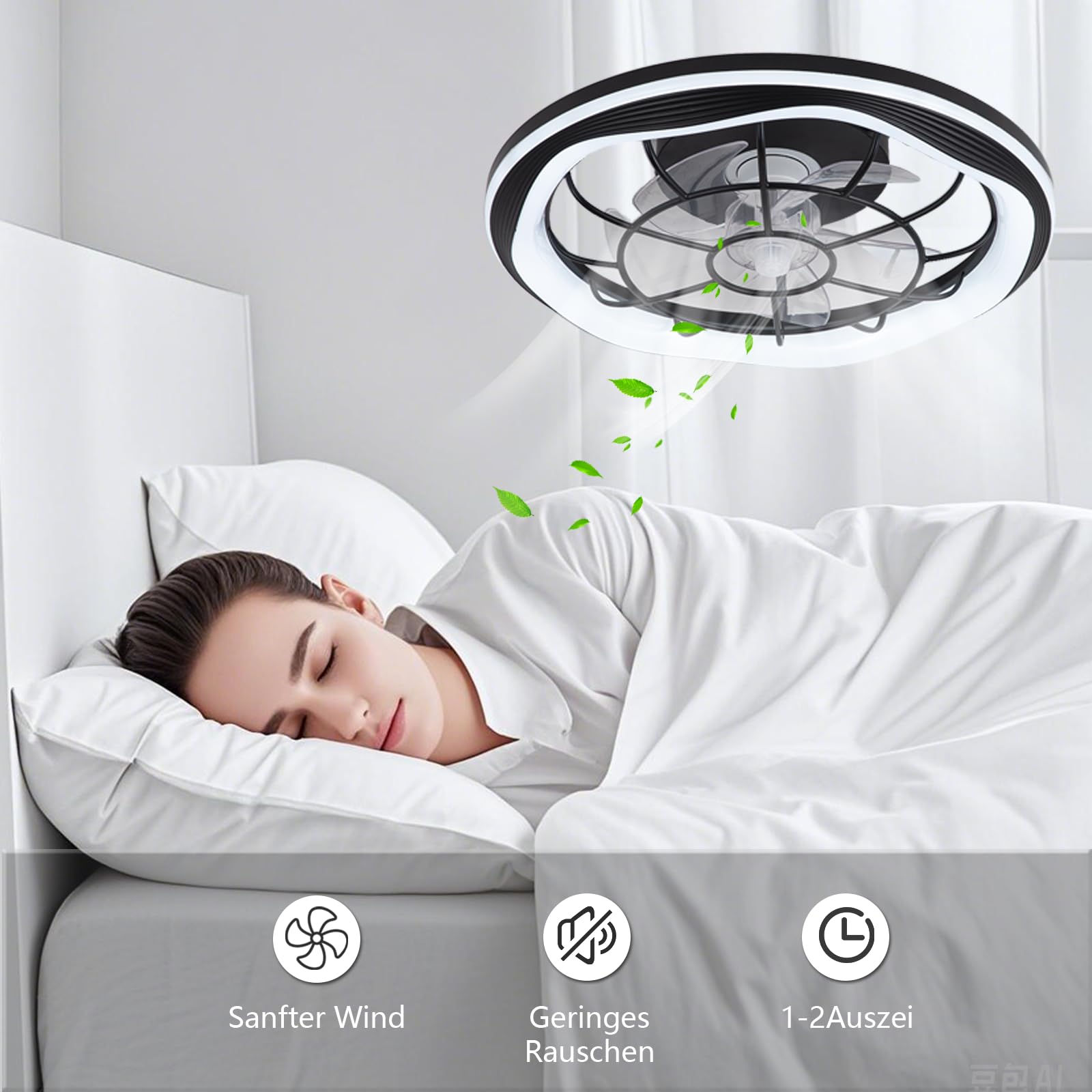 Leiser Deckenventilator mit Beleuchtung Schwarz, 50cm Deckenleuchte mit Ventilator, LED Deckenlampe mit Ventilator, Fernbedienung/APP, 6 Windstufen, 3 Farbtemperaturen, für Schlafzimmer Wohnzimmer