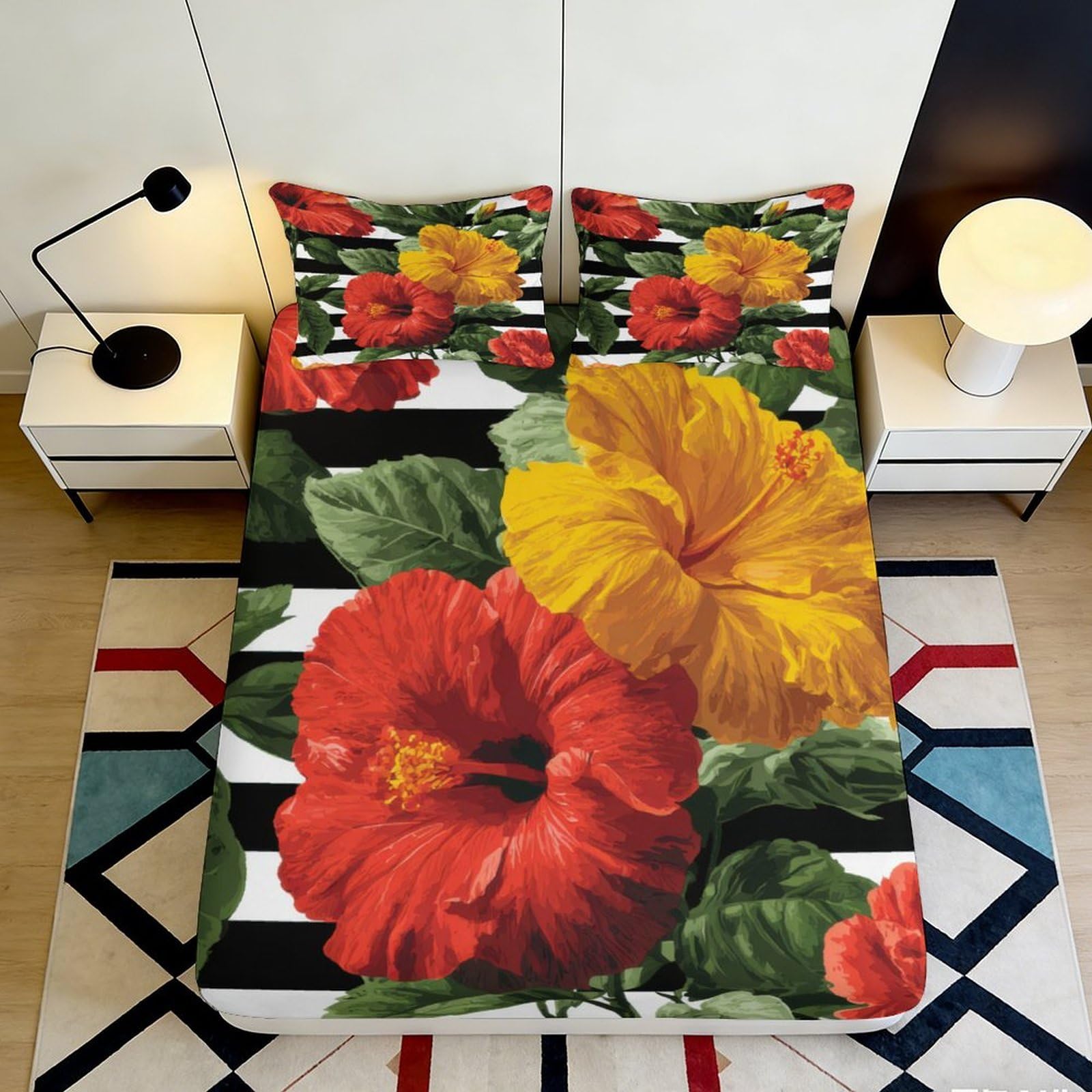 3D Printed Hibiscus Blossom Fitted Sheet Microfiber Soft Breathable Tropical Flower Mattress Cover for Bedroom Dorm Decor 180x200x25cm