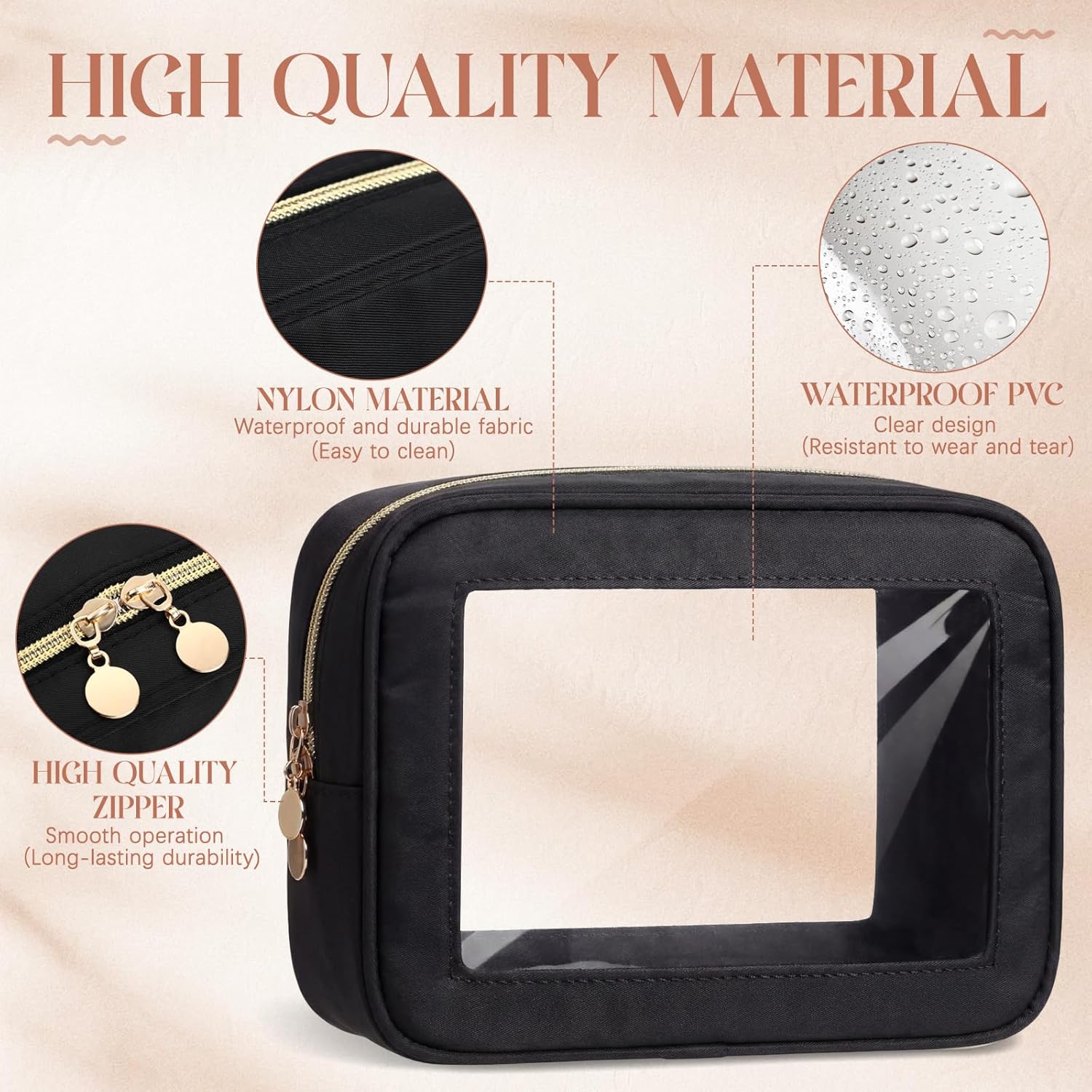 Abbylike 6 Pcs Clear Makeup Bags Mother's Day Travel Nylon Clear Nude Black Toiletry Bag Bulk Car Organizer Case Waterproof Toiletry Pouch with Golden Zipper for Teacher Mother Women Wedding Gift