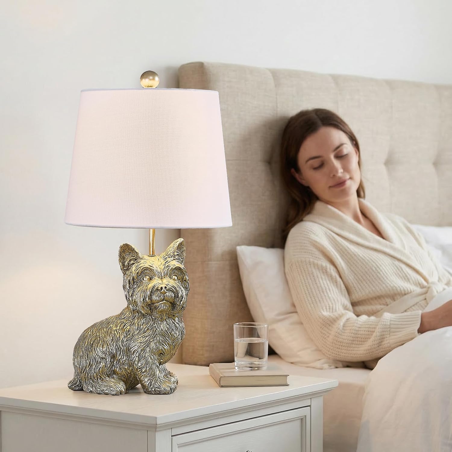 Crestview Collection Yorkie Table Lamp, 22" H Gold Resin Dog Lamp with White Linen Tapered Drum Shade, Sculpted Animal Lamp for Bedroom Kids Room Decor Gifts, Matte Gold & Bronze Nightstand Light