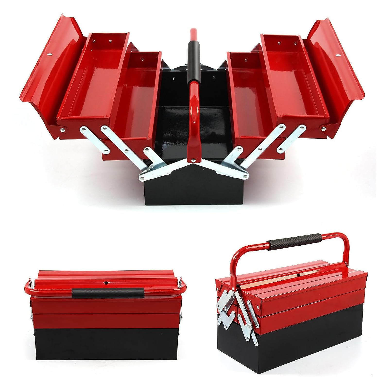 SUNNYNEST Metal Tool Box43x22x21cm3-Tier 5-Drawer Cantilever Toolbox Organizer - Heavy-Duty Red Metal Tool Storage Box with Carrying Handle,