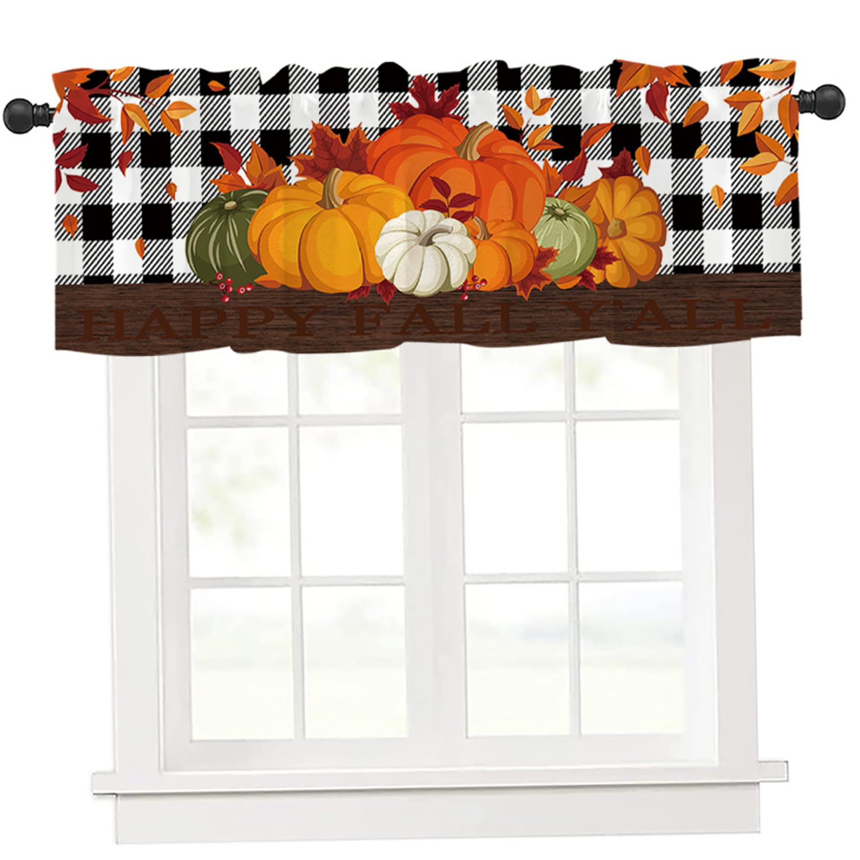 Goutdori Fall Kitchen Curtains 54x18 Inch Pumpkin Buffalo Plaid Fall Leaves Kitchen Valances for Rod Pocket Curtains for Thanksgiving Autumn Decor