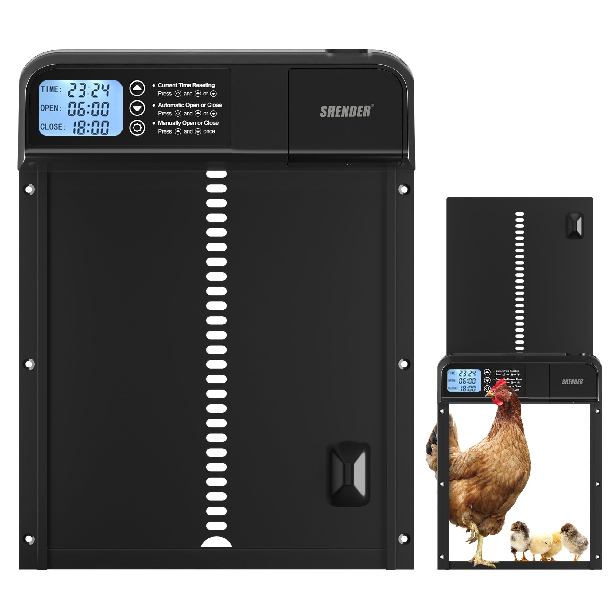 SHENDER Automatic Chicken Coop Door,Electric Auto Coop Door Opener Battery Powered Timer-Controlled Poultry Door with LCD Display,Anti-Pinch Functionality, and Durable Aluminum Design
