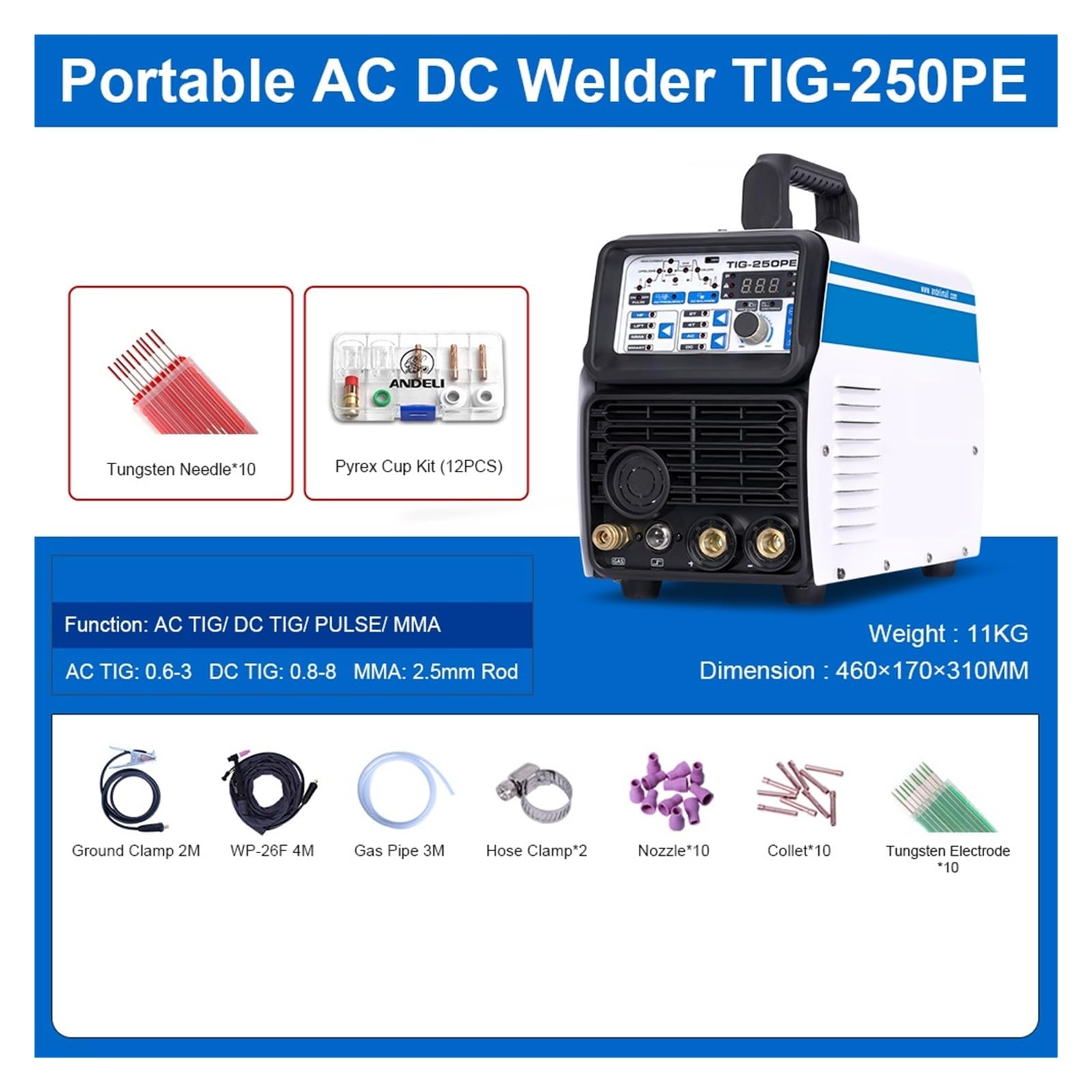 Soldador TIG AC DC, máquina de soldadura TIG TIG-250PE, soldador de aluminio de pulso MMA, soldador de aluminio, soldadura por puntos, máquina de soldadura Soldadura(PACKAGE 0)