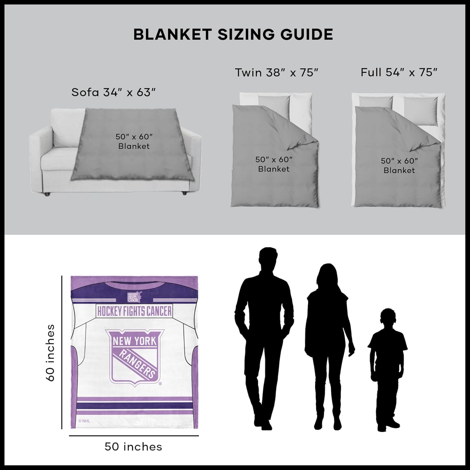 Northwest NHL New York Rangers Silk Touch Throw Blanket, 50" x 60", Hockey Fights Cancer Jersey