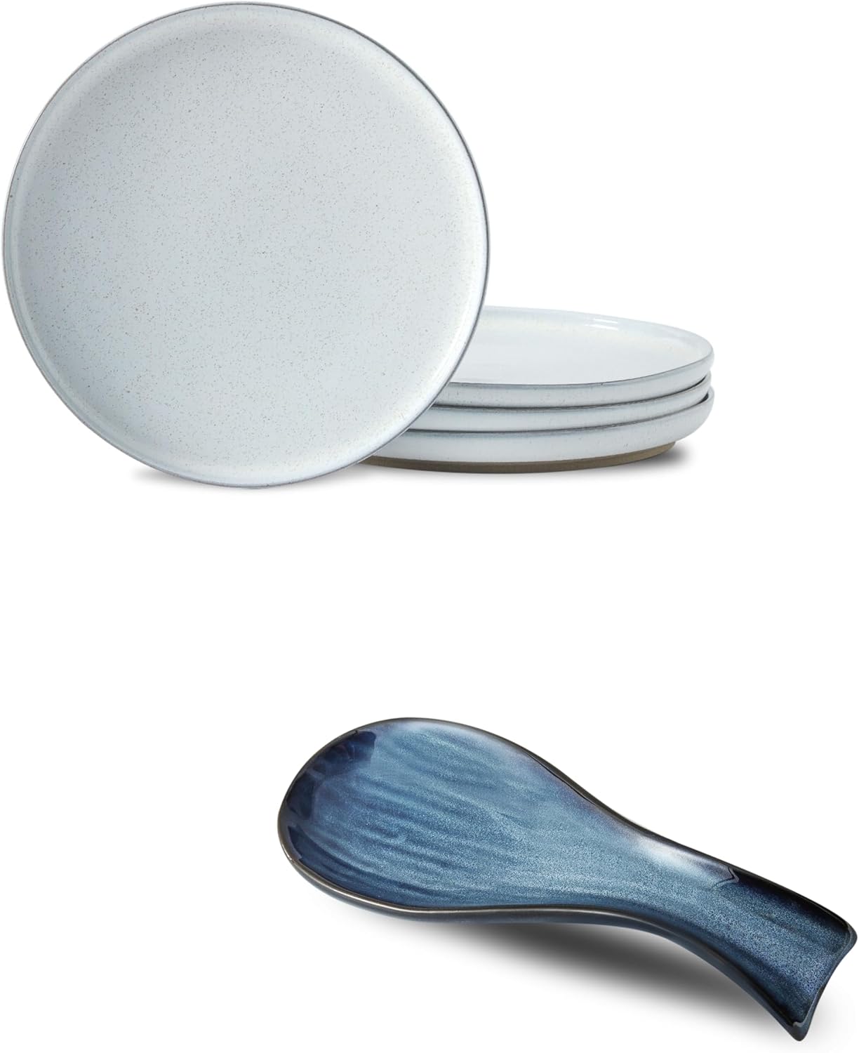 Hasense White Dinner Plates Set of 4 and Navy Spoon Holder Bundle