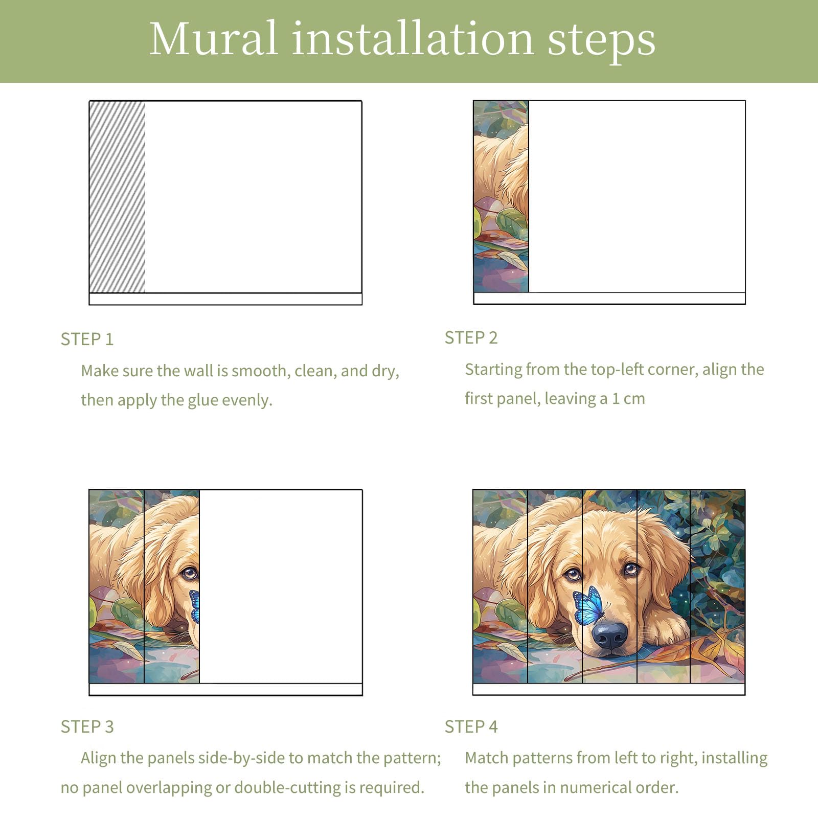 Fototapeta ścienna z włókniny 3D, Golden Retriever, motyl opadłe liście, niestandardowa, panoramiczna dekoracja ścienna, akwarela, przytulny design, do salonu, kuchni, sypialni, 200 x 140 cm (szer. x