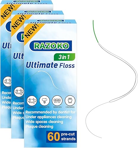 Miniatura 10 de RAZOKO Hilo dental para aparatos ortopédicos, hebras precortadas 3 en 1, 60 unidades (paquete de 2)