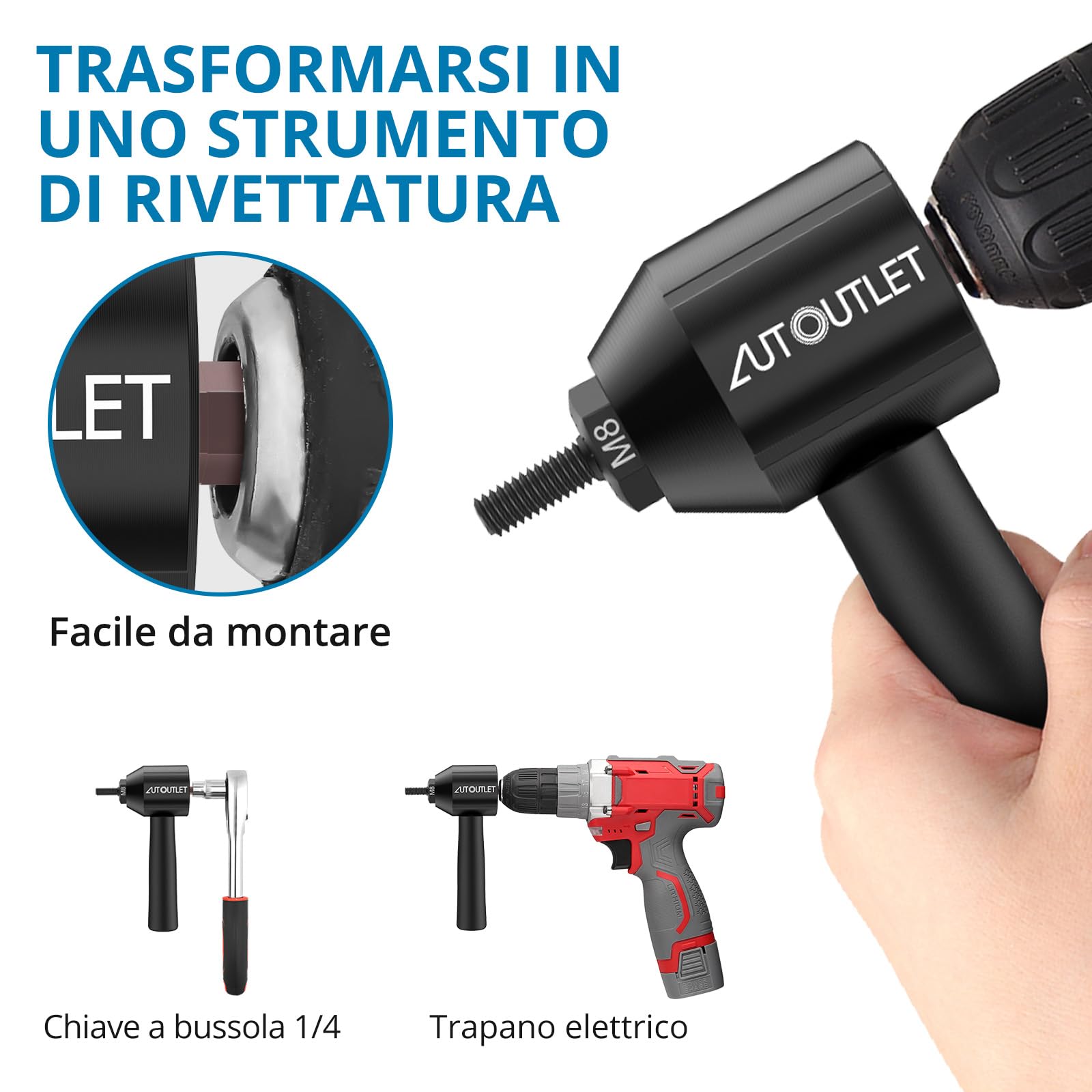 AUTOUTLET Rivettatrice per Dadi, Adattatore per Trapano, 5 Mandrini M3 M4 M5 M6 M8, Custodia, Nero