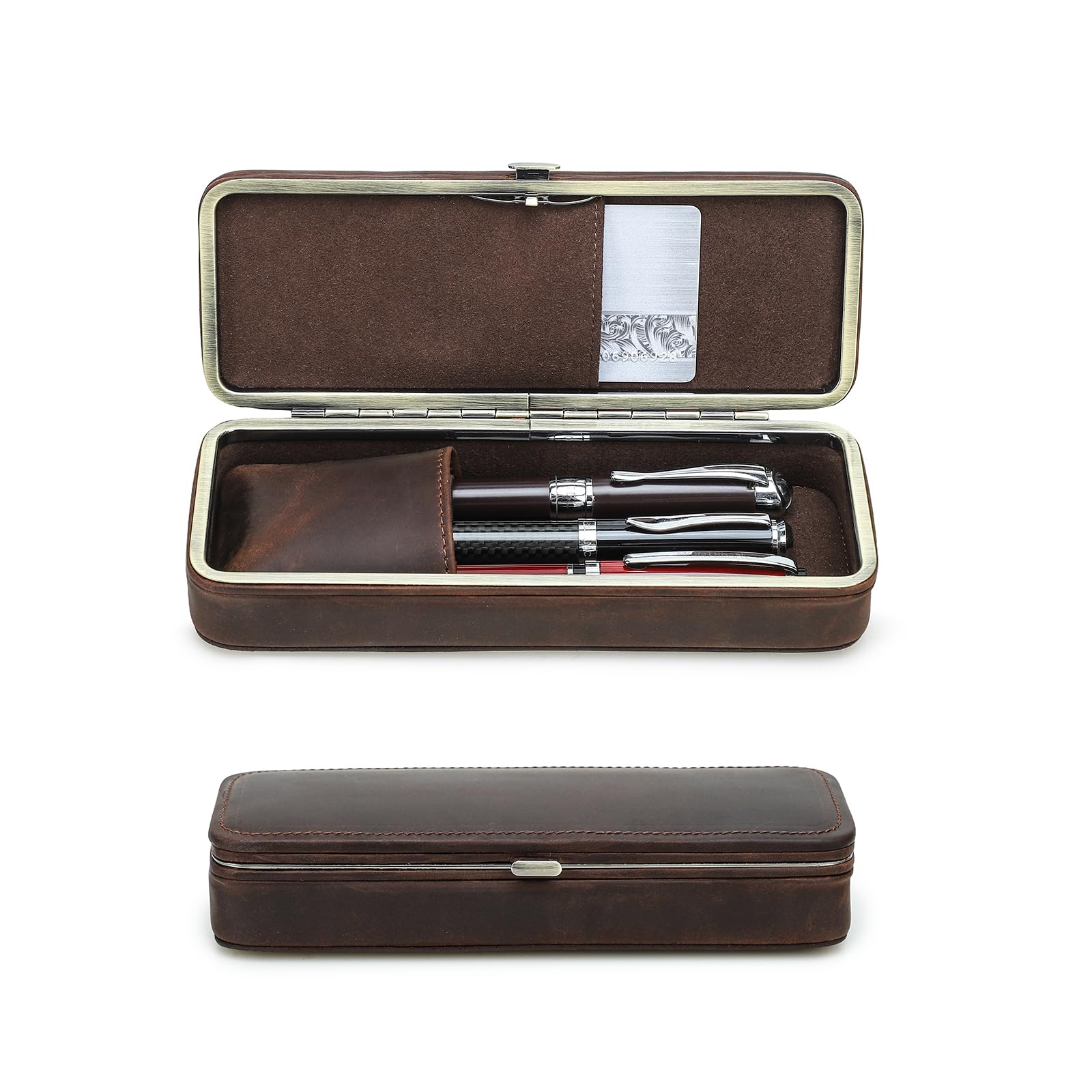CONTACT'S FAMILY Leather Pencil Case, Vintage Stationery Box Organizer, Pens, Pencils, and Accessories Handmade Multi-Purpose Utility Case (Coffee)