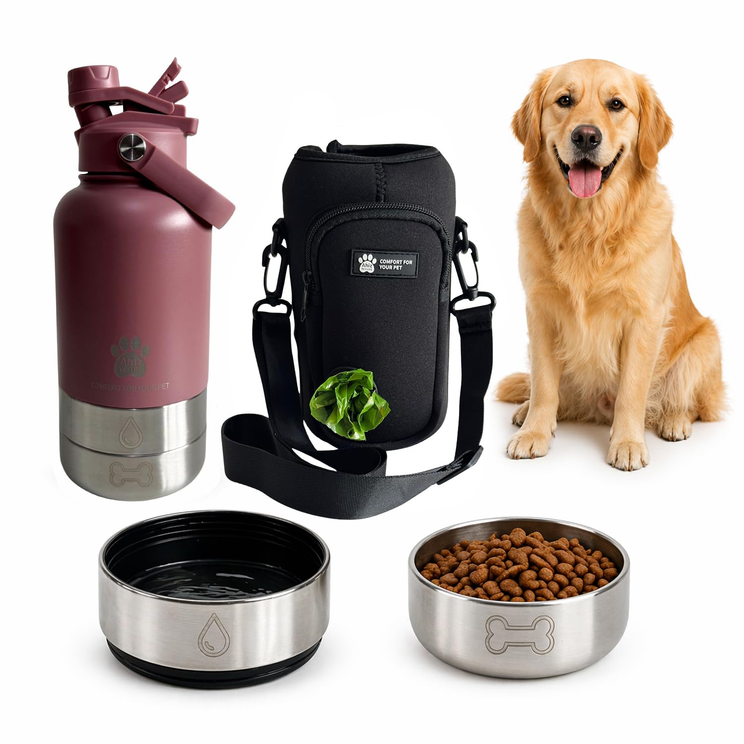 AHIZ 3-in-1 Dog Water Bottle with Carrier Bag, 32oz Portable Pet Water Dispenser, Dual-Purpose Lid & 2 Detachable Bowls, Leak-Resistant Design for Walking, Hiking & Travel (Smoky Pink)
