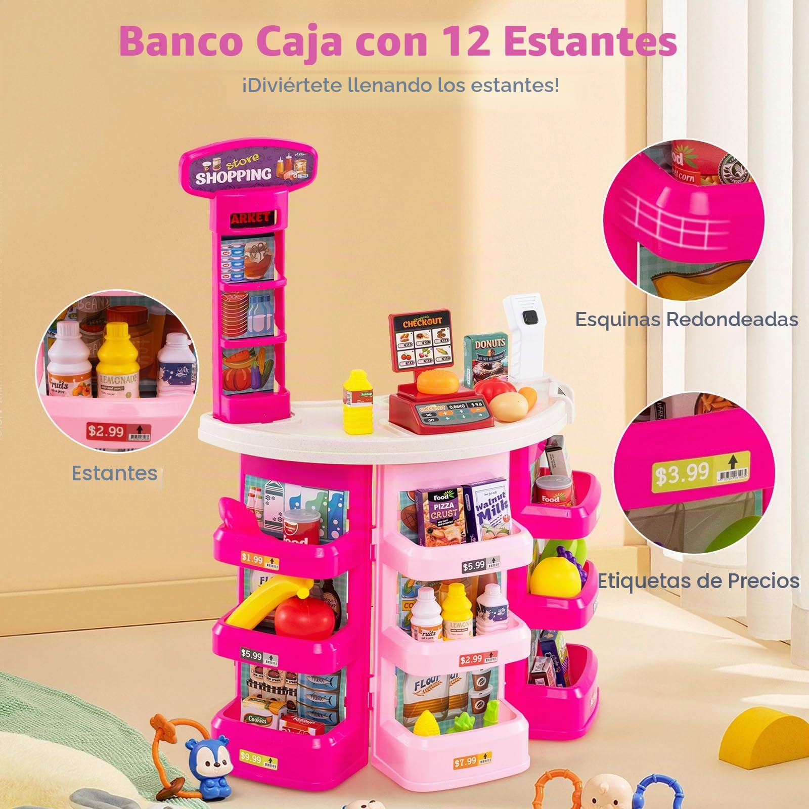 RELAX4LIFE Supermercado Juguete Infantil con Luz, Sonido, Carrito Compra, Cesta y 29 Accesorios, Caja Registradora Juguetes con Escáner, Supermercado de Madera para Niños de 3+ Años (Rosa)