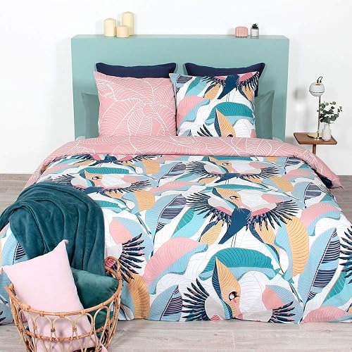 DECO Parure de Lit 220x240cm Coton Bio Tropical Rose Bleu CÔTE