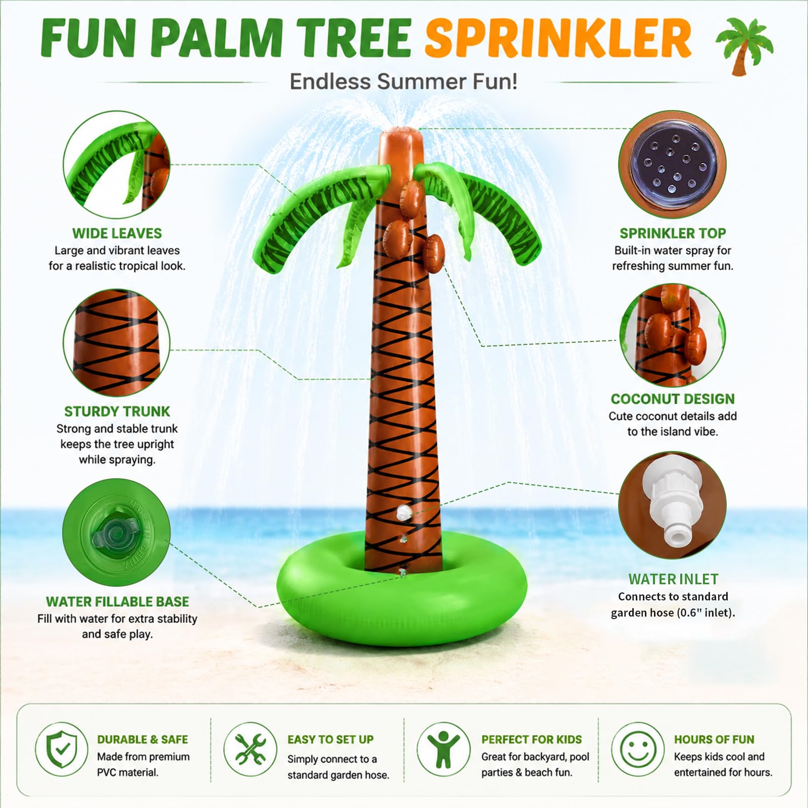 ZoneYan Giocattolo Gonfiabile Palma Cocco Spruzza Acqua, Giochi Estivi, Giochi d Acqua da Giardino, Gioco Estivo Giardino All'Aperto, Palma da Cocco Gonfiabile che Spruzza Acqua, Spruzzino Acqua