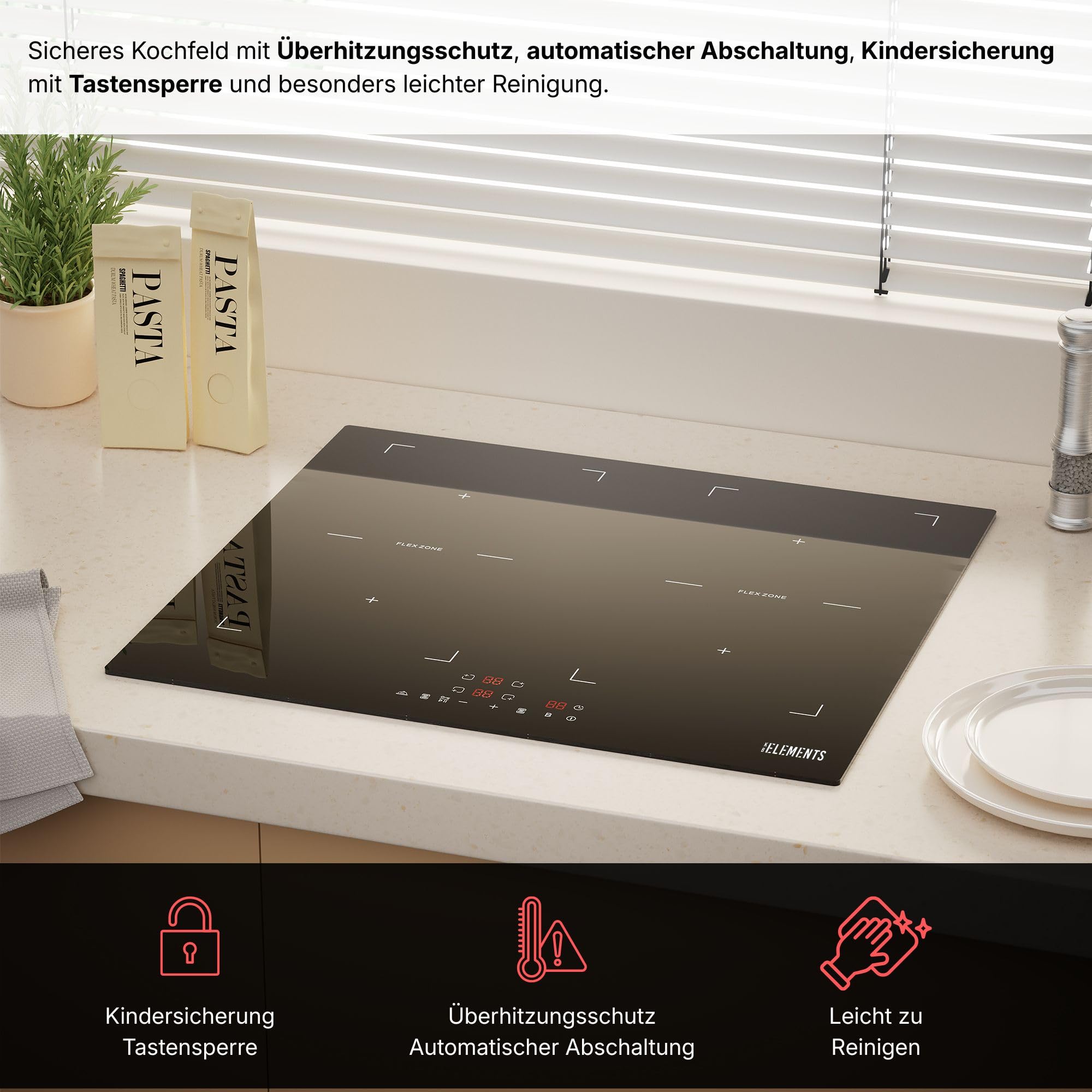 Induktionskochfeld 60 cm, Warmhaltefunktion, Induktionskochfeld 4 platten, 7200 Watt, Flexzone, Autark, Rahmenlos, Touch-Bedienung