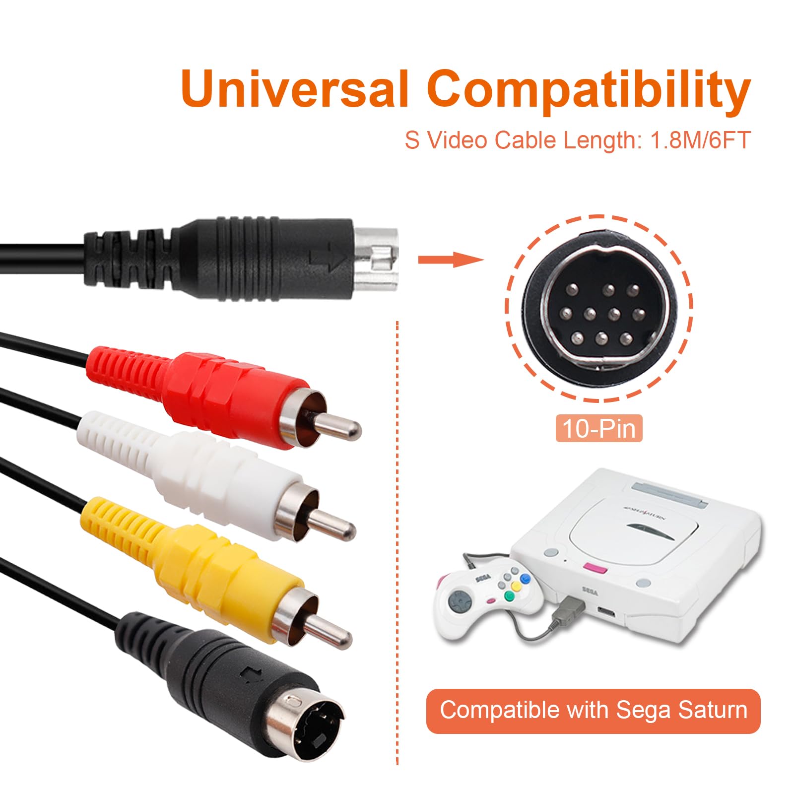 Cavo AV S Video per Sega Saturn, cavo S-Video Audio Video TV compatibile con console Sega Saturn, 1,8 m