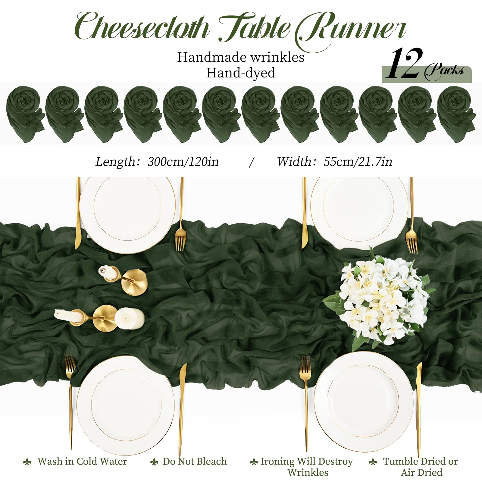 Teruntrue 12 Stück Tischläufer Jägergrün 55x300 cm Neuer Natürlicher Weichlook Bohemian-Gaze-Käsetuch-Tischläufer für Hochzeit, Party, Babyfeier, Brautshower, Geburtstag-Dekorationen