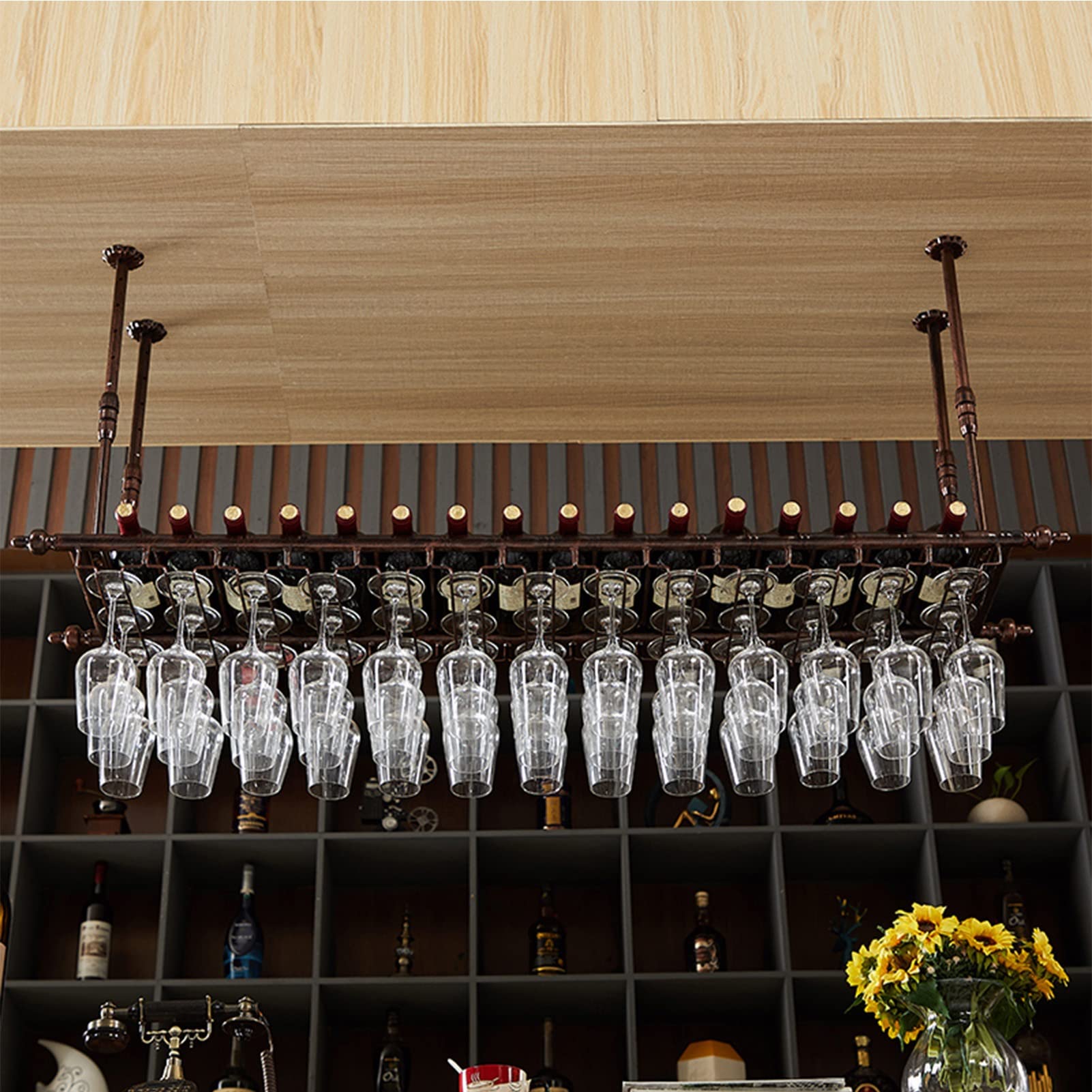 Soporte para copas de vino negro para colgar botellas de vino para el hogar, bar, restaurante, moderno estante de almacenamiento de copas de techo, marco decorativo