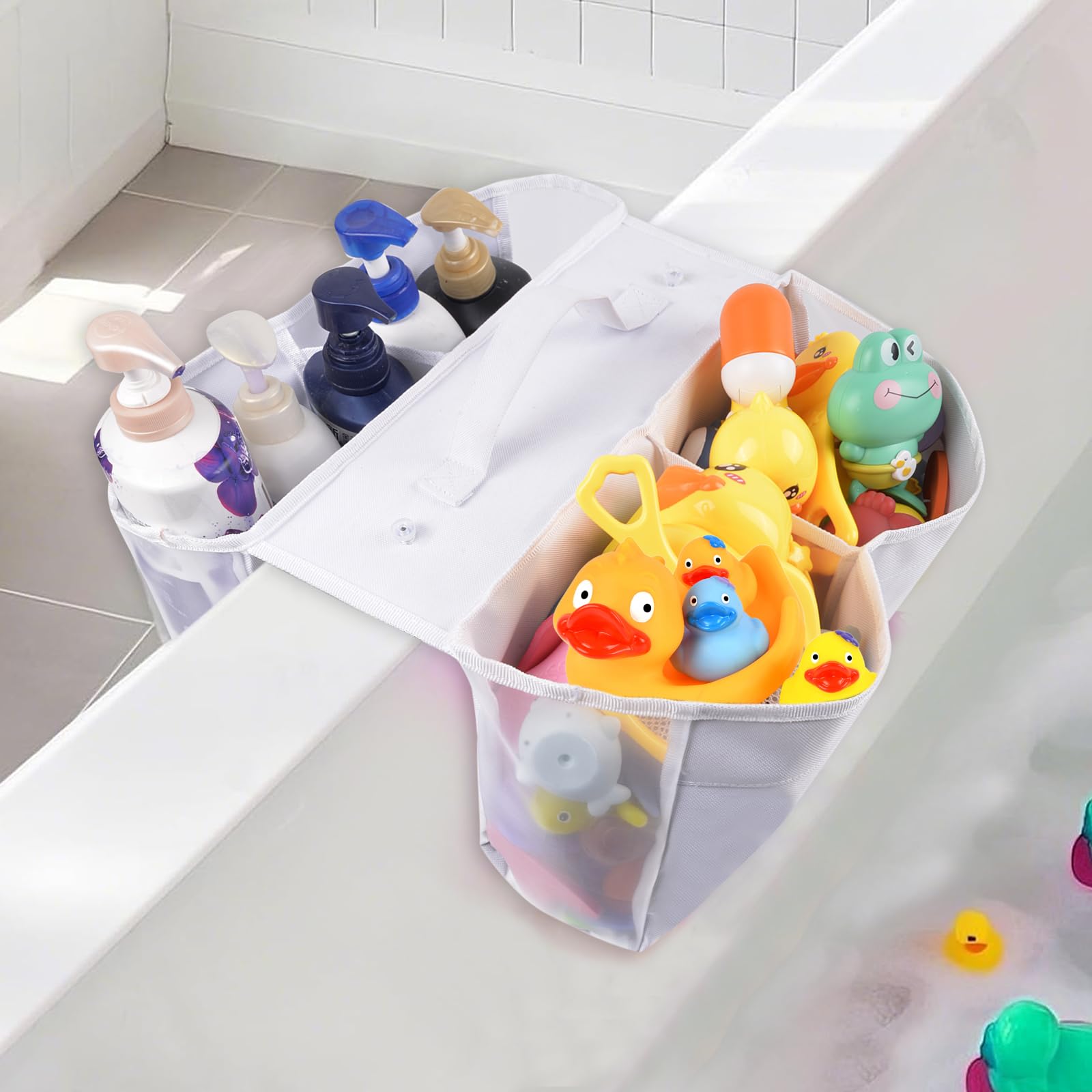 Organizador de almacenamiento de juguetes de baño, soporte grande de juguetes de baño de 4 compartimentos con ventosas, almacenamiento de juguetes para tina de desorden, soporte de juguetes de ducha