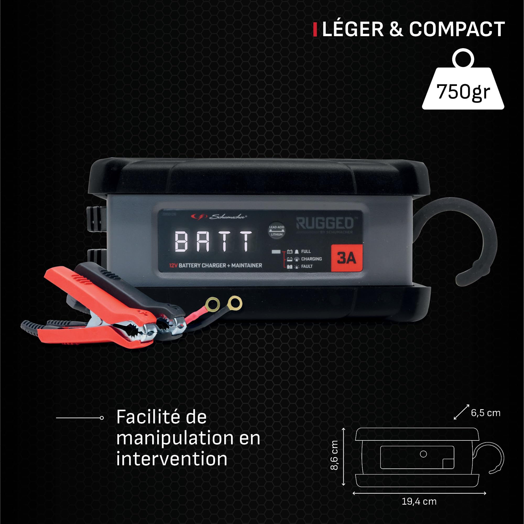 Schumacher Rugged SPX 458 Chargeur - Maintien Charge Automatique Intelligent 12V, 3A - pour Moto, Voiture, Bateau, Jet-Ski, Quad, Tondeuse, Mini Tracteur - IP54 (poussière et humidité ambiante)