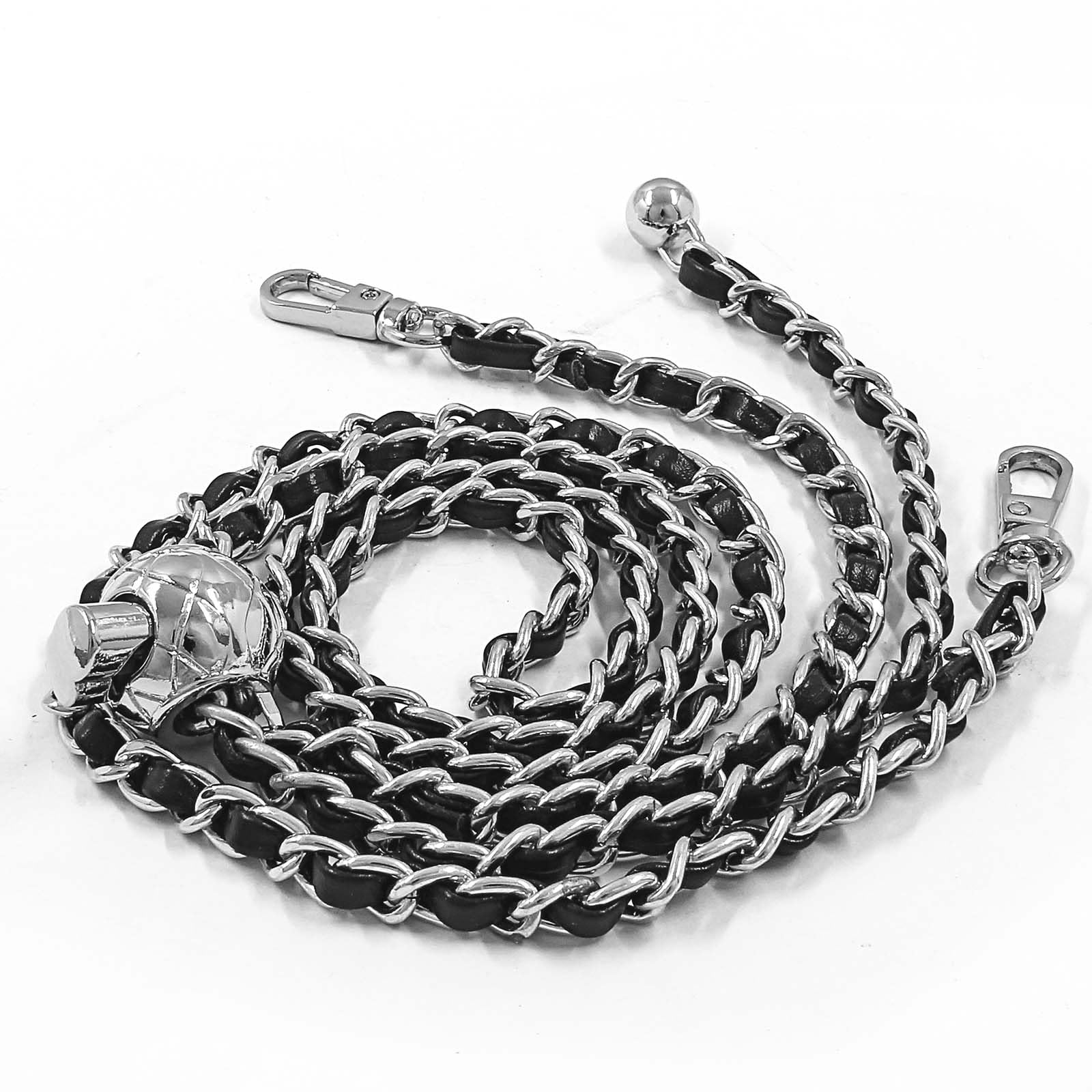 Luomorgo 1 Pc Adjustable Chain Handles Strap, Long Purse Strap Replacement, Metal & PU Leather Chain with Black PU Leather Handles for Shoulder Bags, Crossbody Bags DIY Crafts (Silver, 47