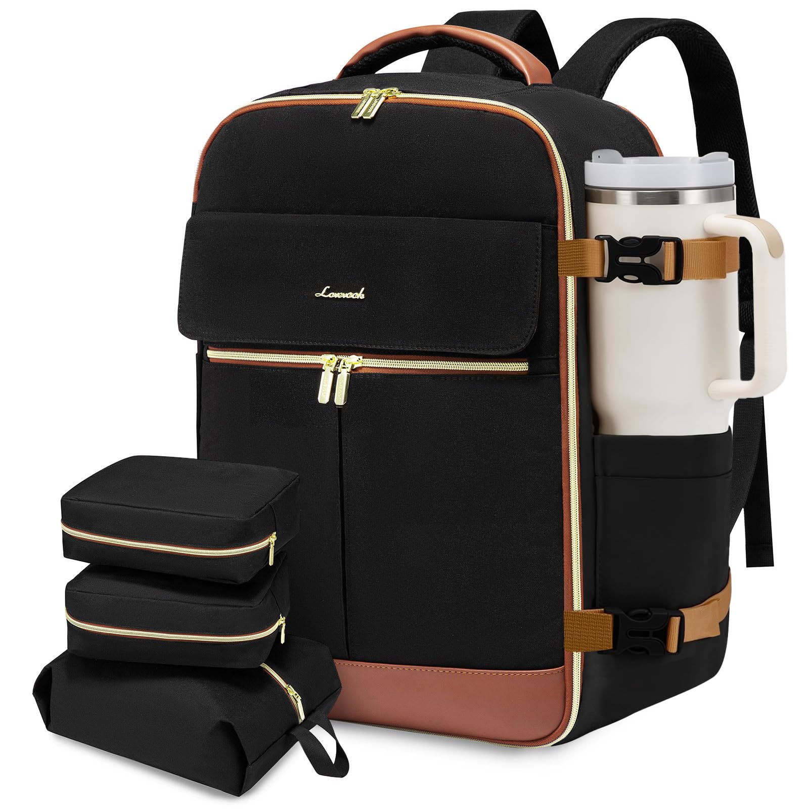 LOVEVOOK Carry On Backpack, 40L Travel Backpack Women with 3 Packing Cubes, TSA Airline Approved Suitcase Bag as Personal Item, Waterproof 17.3 inch Laptop Backpack for Weekender Overnight,Black-Brown