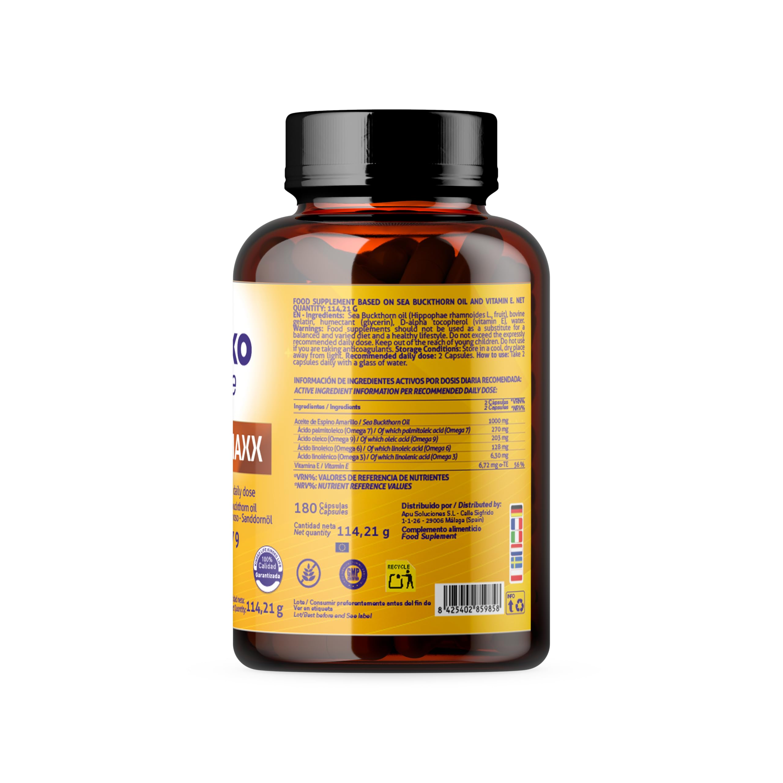 OMEGA 7 MAXX 180 Capsule (Scorta 3 Mesi) Olio di Olivello Spinoso 1000 mg Dose Giornaliera (500 mg per Capsula) Omega 3 6 7 9 + Vitamina E Benessere di Pelle, Mucose e Comfort Oculare Naturale e Senza