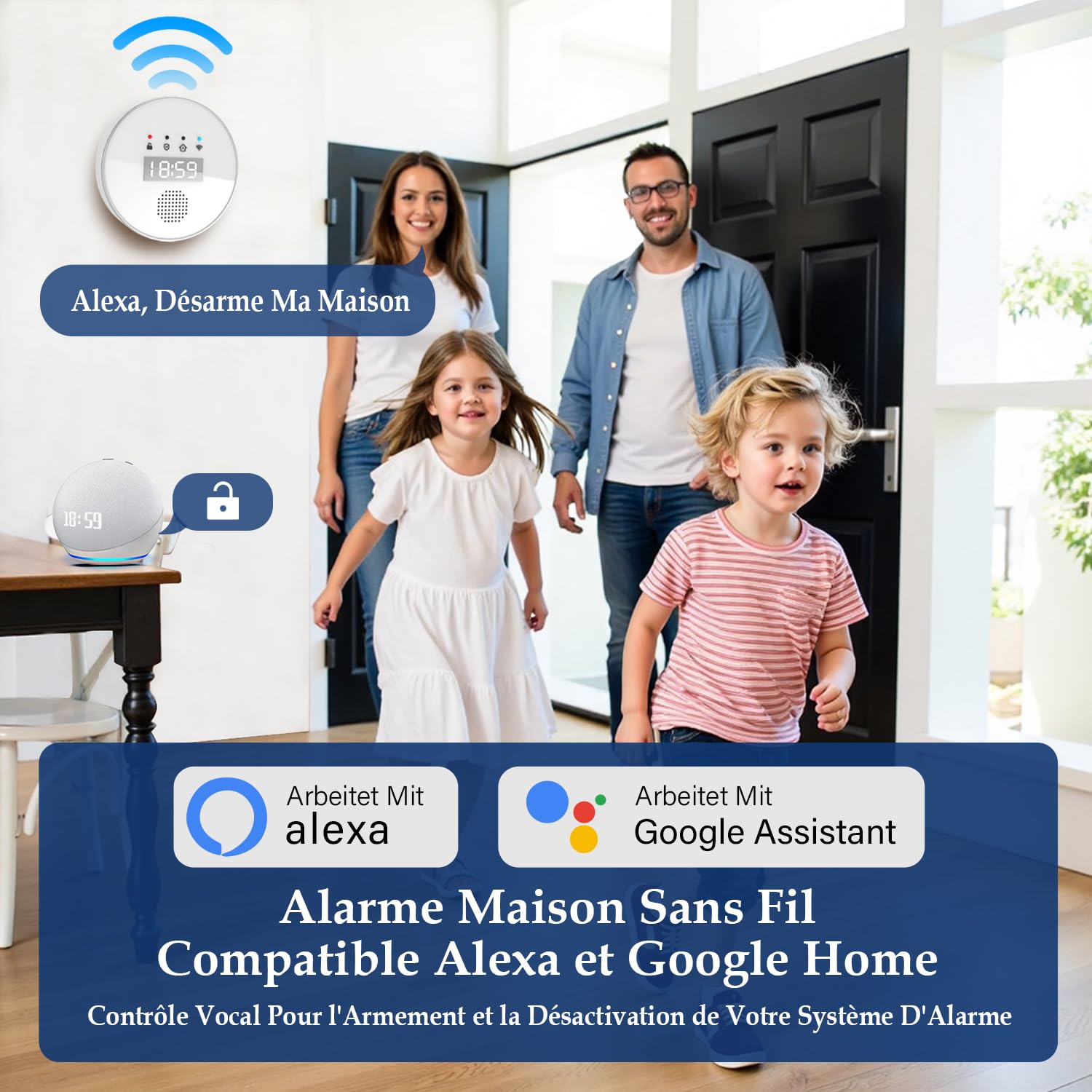 YISEELE Alarme Maison sans Fil: système de sécurité Wi-FI 5 GHz avec Horloge - 1 Sirène 125dB - 6 Capteurs Porte/Fenêtre - 2 Télécommandes - 1 Hub - Compatible Alexa & Google Home