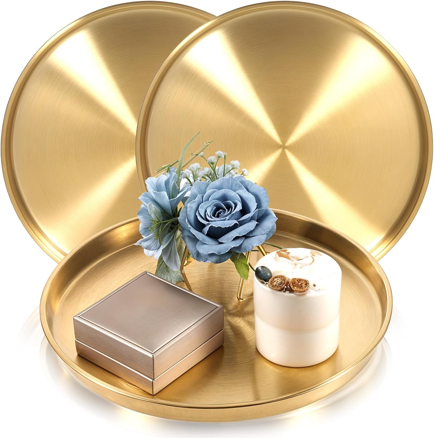 12 Inch Gold Round Serving Tray, 3 Pack Stainless Steel Coffee Table Tray, Moder…