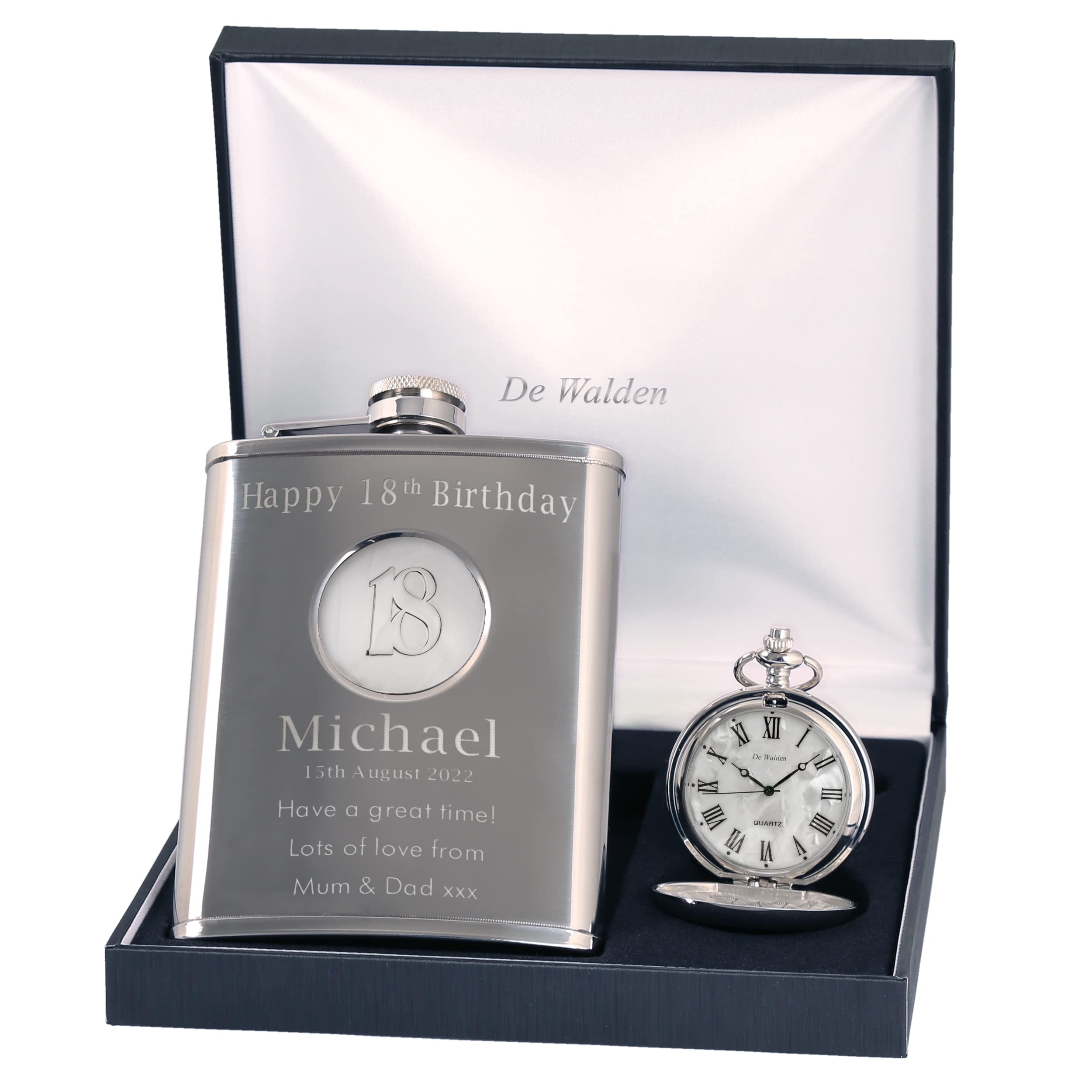The Great Gifts Company Silver Engraved 18Th Birthday 18 Feature Mother Of Pearl Pocket Watch And Hip Flask Gift Set